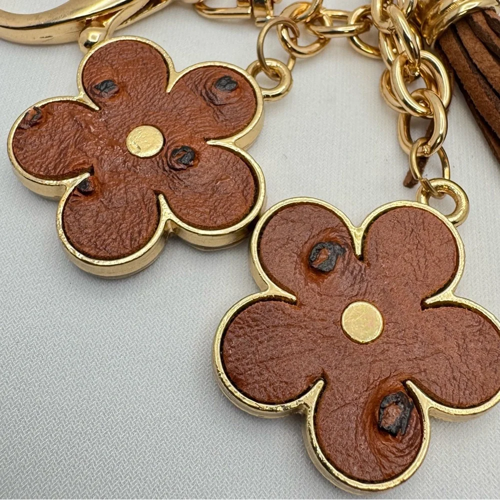 Floral Tassel Keychain Brown Faux Leather Gold Tone Bag Charm
